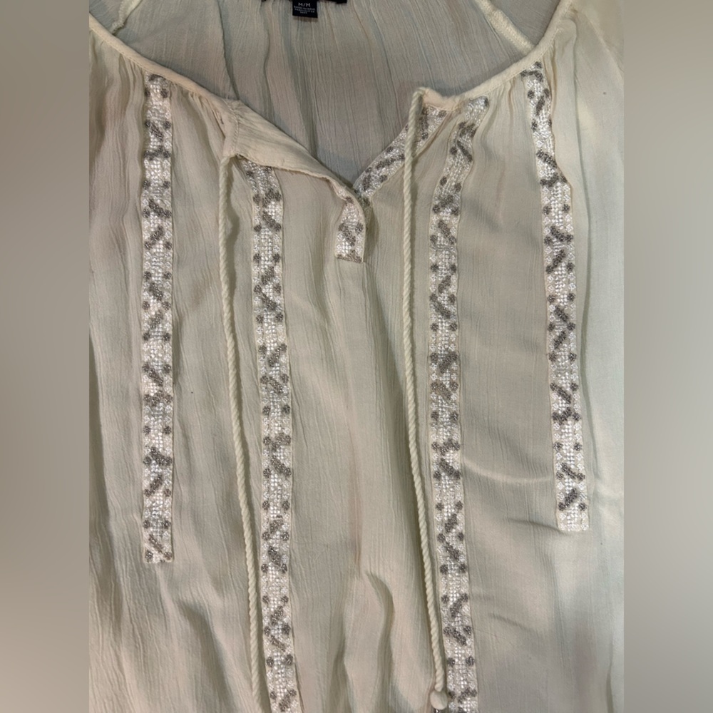 American Eagle Cream Long Puff Sleeve Blouse with Lace & Bead Detail M - Picture 2 of 3